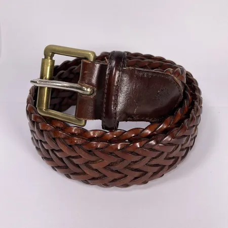Skärp Mulberry flätat brunt läder och mässingsdetalj längd ca 90cm bruksslitage