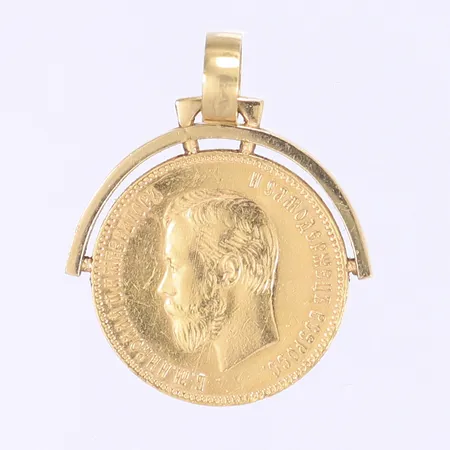 Guldmynt, Ø22,5mm, 10 Rubel, Nikolai II, präglat år 1901, 900/1000 (21,6K) repor 21,6K, myntets vikt ca 8,6g, infattad i ram av 18K, total vikt ram och mynt 11,3g