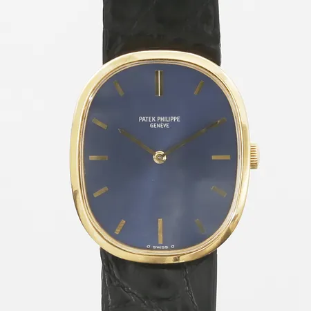 Herrur Patek Philippe Golden Ellipse 18K, manuell, 32x27mm, refnr 3848, mörkblå urtavla, safirglas, präglat svart läderband, lås i 18K, inga tillbehör 