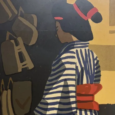 Tavla, färglitografi 100/310, Geisha, Lars Norrman (19151979), bildmått 65x32, gulnad. OBS SKICKAS EJ! Specialfrakt, kontakta pantbankskontoret för mer information.