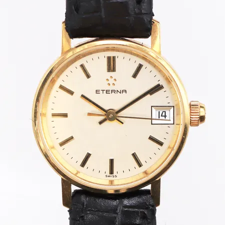 Damur Eterna 18K Ø22mm, quartz, datum, gravyr, läderarmband, går ej batteri byte krävs