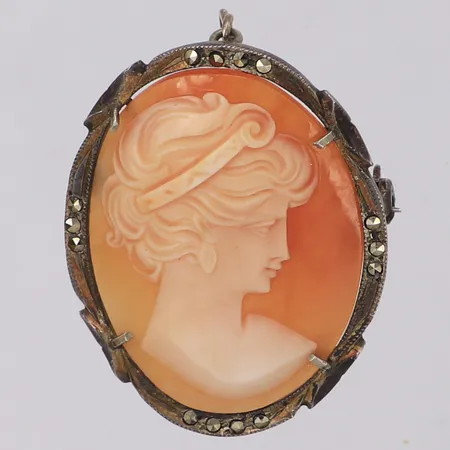 Hänge/brosch, kamé, längd 40mm, markasiter, 800/1000 silver Vikt: 5,2 g
