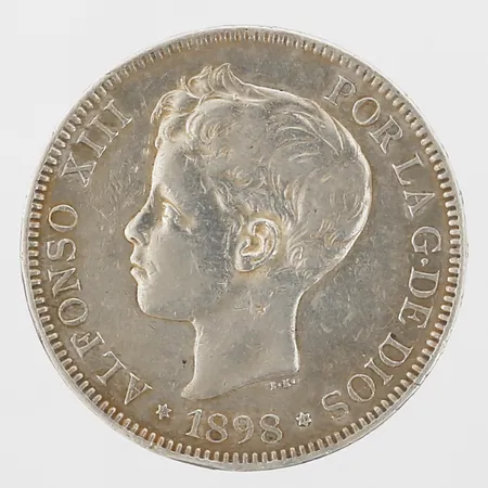 Spanskt mynt, 5 pesetas, Ø 37mm, silver 900/1000 Vikt: 24,7 g