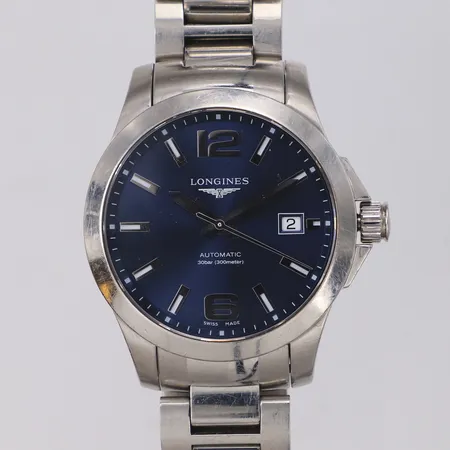 Herrur Longines Conquest, stål, automat, datum, Ø39mm, ref-nr L3.776.4, serie-nr 45728432, blå tavla, repor, bruksskick, inga tillbehör