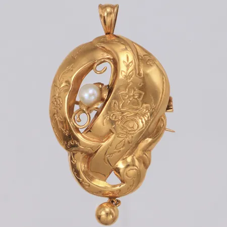 Brosch/hänge med odlad pärla längd 49,7mm bredd 25,5mm 18K Vikt: 4,2 g