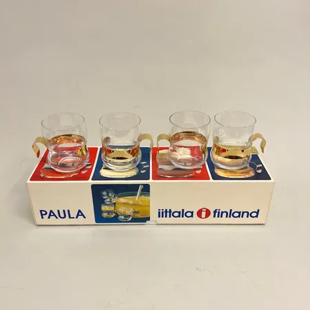 4 glas med förgyllda handtag 22cl, höjd 85mm Ø6,5cm, modell Paula design Jorma Vennola Ahlström, iittala Finland, originalask