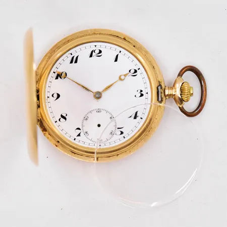 Savonette 14K Ø 52mm innerboett metall defekt plastglas sitter löst sekundvisare saknas medföljande etui 