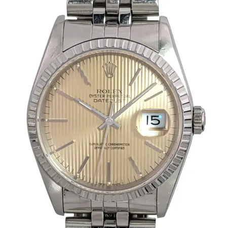 Herrur Rolex Oyster Perpetual Datejust 36, Ø36 mm, stål, automatisk, kaliber 3135, "tapestry dial", silver/chamagne, referensnummer 16220, boettnummer 16200, serienummer E271818, ej tillbehör, jubileelänk, max handledsmått 19,5 cm, transportfodral Rolex, fint bruksskick,