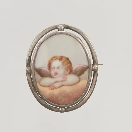 Brosch med målat porslins motiv 55mm år 1855 Silver S830/1000 15g.