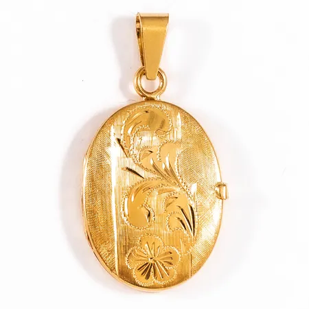 Hänge medaljong med graverad dekor bredd 19mm, längd 36mm, 18K 6,5g. 