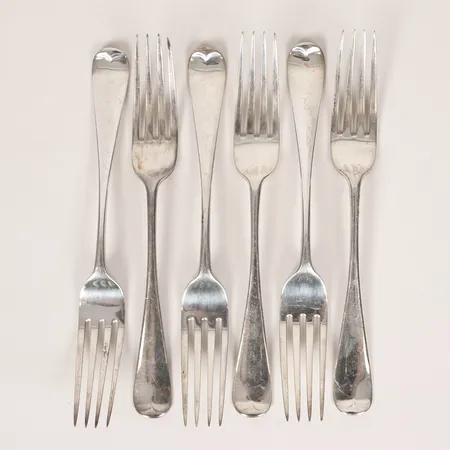 Sex matgafflar England, 22cm, Charles Boyton & Son, London 1884, silver 925/1000. Vikt: 383,1 g