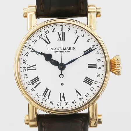 Herrur Speake-Marin The Piccadilly 18K, automatisk, 38mm, datum, limited edition no 1/10, krackelerad urtavla, brunt läderband med lås i 18K, inga tillbehör, bruttovikt: 119,1g.