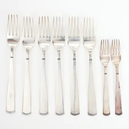 Sex matgafflar två fruktgafflar modell Rosenholm, 18cm samt 13,5cm, silver 830/1000 Vikt: 269,1 g