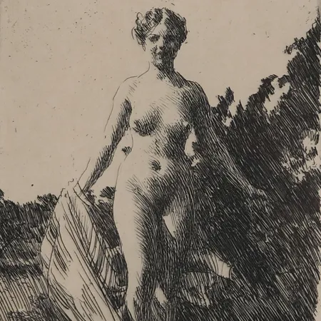 Tavla "Sommar" Zorn, monogramsignerad i plåten, utförd 1907, plåtstorlek 17,8 x 12 cm. Ur en upplaga om 5000 exemplar ur "Ord och Bild", 1910. Litteratur: Asplund 211, Hjert & Hjert 248. Ej examinerad ur ram