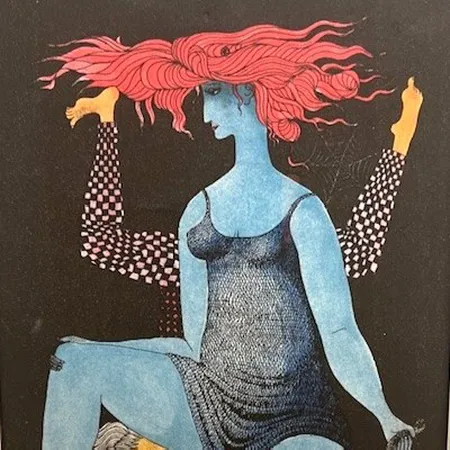 Tavla, färglitografi, Askungen, signerad i trycket Stig Lindberg (1916-1982) år 1981, onumrerad, bladmått ca 29x20,5cmm, fuktfläck på bladets baksida