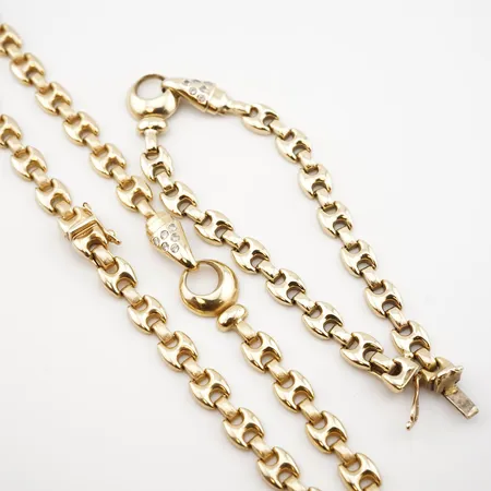Collier samt armband m vita stenar, 44cm, bredd 12mm samt 18cm bredd 12mm, 14k Vikt: 32,8 g