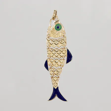Hänge rörlig fisk med emalj ca 7cm, bredd 15mm, Palmers Silversmide Elisabet Palm, 18K Vikt: 8,5 g