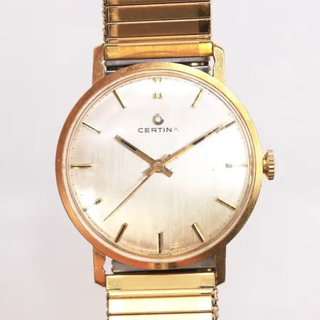 Herrur Certina, 18K, Ø34m, manuell, serienr: 826476, Flexiband i förgyllt stål, gravyr, inga tillbehör.