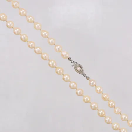 Pärlcollier odlade pärlor ca Ø6,4-7,2mm, längd 49cm, ojämna i formen, i behov av omträdning, silverlås med odlad pärla. 925/1000 silver bruttovikt 24,7g Vikt: 24,7 g