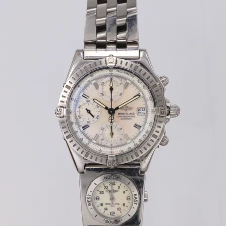 Herrur Breitling Chronomat, stål, automat, Ø39mm, ref-nr A13352, serie-nr 509820, automat, cal ETA 7750, kronograf, extra UTC i behov av batteribyte, datum,  pärlemortavla, pilotlänk, mindre repor, bruksslitage, inga tillbehör