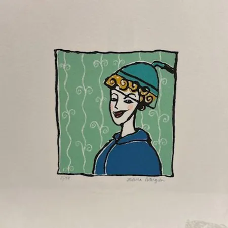 Tavla kvinna i hårtork, signerad Helena Östergren, färglitografi 3/150, 30x30cm, limrester Skickas med paket.