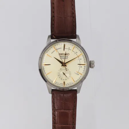 Herrur Seiko Presage, stål, automat, Ø40mm, ref-nr 4R57-00E0, serie-nr 871843, indikator för gångreserv, liten sekundvisare, glasbaksida, brunt läderband, inga tillbehör