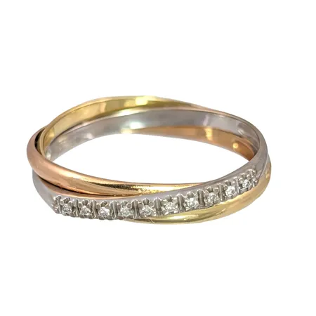 Diamantring i 18K guld, trefärgad modell, Diamanter 10 x 0,005ct, Guldfynd (GFAB), stl:20,0 mm, bredd 4 mm, fint skick Vikt: 3,4 g