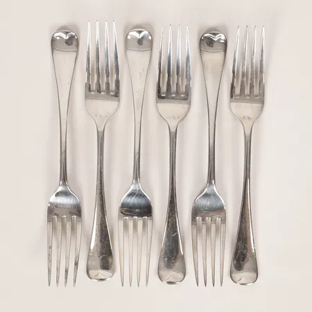 Sex bordsgafflar England, 17cm, Charles Boyton & Son, London 1884, silver 925/1000. Vikt: 235,3 g