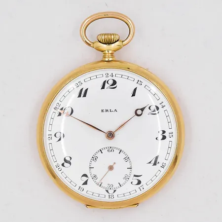 Fickur Erla 14K Ø 50,8mm fungerar ej innerboett metall, medföljande klockkedja och etui