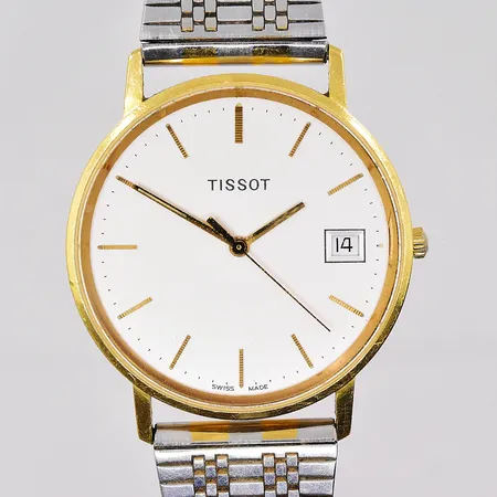 Herrur Tissot 18K Ø 34mm datum batteribyte behövs stållänk graverad boett 