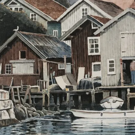 Tavla Gunnar Stålbrand färglitografi, sjöbodar, signerad samt numrerad 307/350, bildmått ca 41x33cm, små fläckar på passepartout.  Vikt: 0 g
