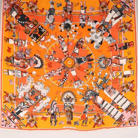Scarf Hermès, "Kachinas", formgiven av Kermit Oliver 1992, siden, 90x90cm, originalkartong, kvittokopia.