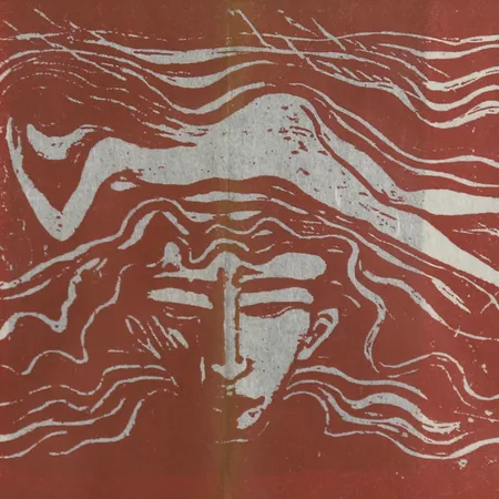 Tavla, "I Mannens Hjerne", Edvard Munch, efter, tryckt signatur, träsnitt, verket utgjorde omslagsbild till utställningskatalogen Edvard Munchs grafik", Thielska Galleriet, Stockholm 1962. Ej examinerad ur ram. 