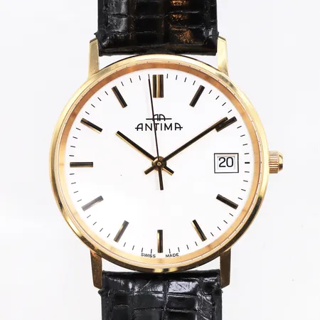 Herrur Antima, 18K, Ø33mm, quartz, datum, serienr: 20556410068, läderband, gravyr, batteribyte krävs, inga tillbehör.