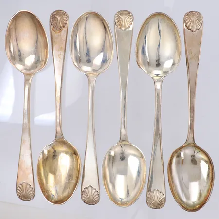 6 Skedar Snäckmodell, längd 18cm, Thune 830/1000 silver  Vikt: 229,9 g