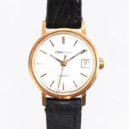 Damur Certina 14K quartz, Ø22mm läderband, serier:111,9299,65, i behov av batteribyte.