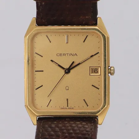 Herrur Certina Q, ref 156.9195.68, datum, 27,9mm, sliten krona, går ej, 18K, läderband
