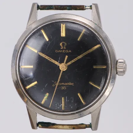Herrur Omega Seamaster 30, ref 135003, cal 285, verknr 20171144, 1960-tal, svart urtavla, sliten lysmassa, repigt plastglas, stål, saknar armband 