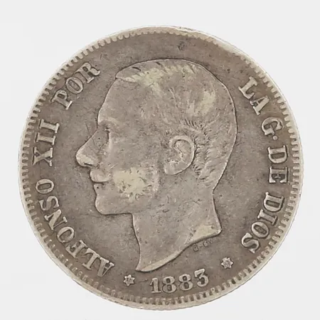 Spanskt mynt, 2 pesetas, Ø 27mm, silver 835/1000 Vikt: 9,8 g
