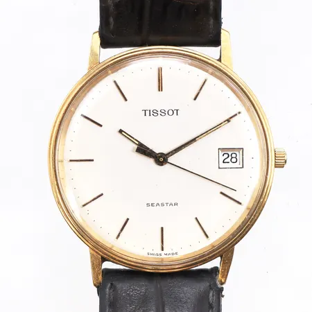 Herrur Tissot, 18K, quartz, Ø33mm, läderband, gravyr, batteribyte krävs, inga tillbehör.