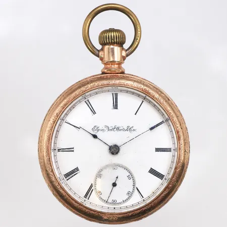 Fickur Elgin Natl. Watch Co Ø56mm snr 3013285, boettnr 365856 , USA, gulddoublé, klockkedja i oädelmetall, inga tillbehör. Vikt: 0 g