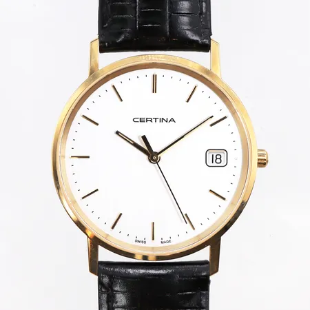 Herrur Certina Ø 33mm, 18K, quarts, datum, läderband, spänne doublé, serienr:158928968, batteribyte krävs, inga tillbehör.