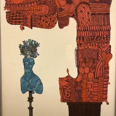 Tavla färglitografi 123/200, Skönheten och odjuret, signerad Stig Lindberg (1916-1982), år 1978, bladmått ca 29x20,5cm