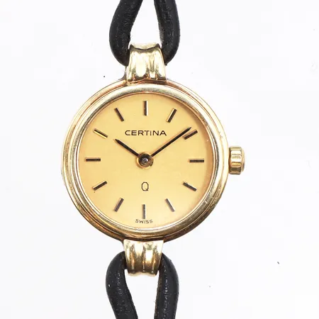 Damur Certina, 14K, Ø17mm, quartz, läderband med metall, batteribyte behövs.