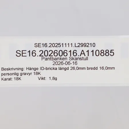 Hänge ID-bricka längd 26,0mm bredd 16,0mm personlig gravyr 18K  Vikt: 1,8 g