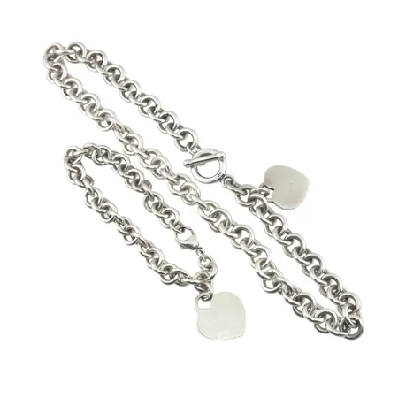 SET - Halskedja & Armband silver 925/1000, Ankarlänk, längd 41,5 resp. 19 cm, bredd 11 mm, berlock hjärta mått 25,5x22,5 mm Vikt: 137,2 g