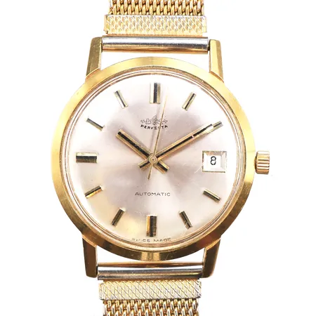 Herrur Perfecta 18K, Ø33,8mm, automatic, gravyr,, klockarmband i oädel metall, inga övriga tillbehör.