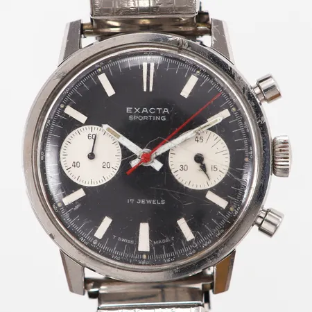 Herrur Expecta Sporting Ø36mm manuell stål innermått: ca 16cm, kronograf, 1960/1970-tal, stålarmband, boettnr: 1300, repor på plexiglas