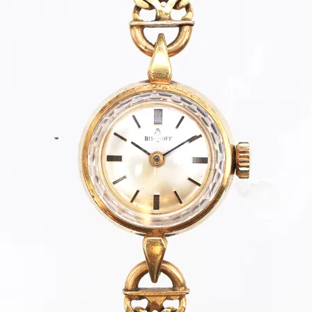 Damur Bischoff, Ø16mm, manuell, längd inklusive ur 18cm, bredd band: 6mm, brutto vikt: 17,2g, 18K.