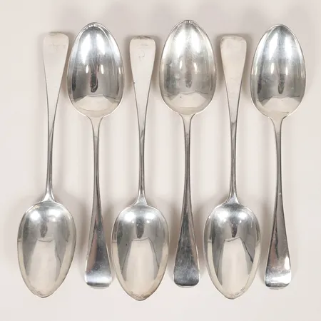 Sex matskedar England, 22cm, Charles Boyton & Son, London 1884, silver 925/1000. Vikt: 367,9 g
